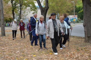 Nordic walkingolnak az idősek az őszies tájon.